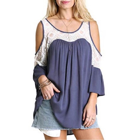Umgee USA Cold Shoulder Boho Blouse with Crochet Lace - Size L - Picture 2 of 13